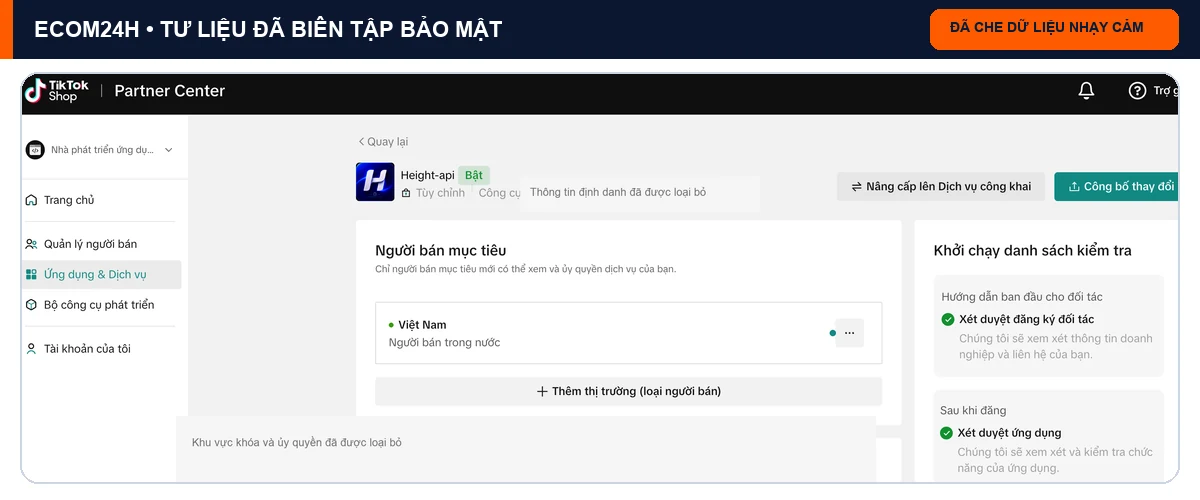 Ứng dụng Height-api trên TikTok Shop Partner Center dành cho người bán mục tiêu tại Việt Nam